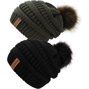 Women Black Olive 2pack Acrylic Thick Baggy Knit Winter Faux Fur Pompom Beanie